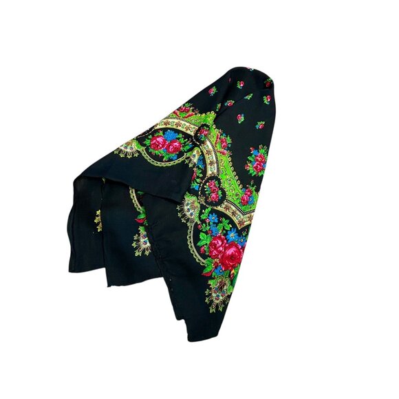 Vintage Ukrainian Black Floral Wool Challis Ethnic Scarf As Found - Picture 2 of 10